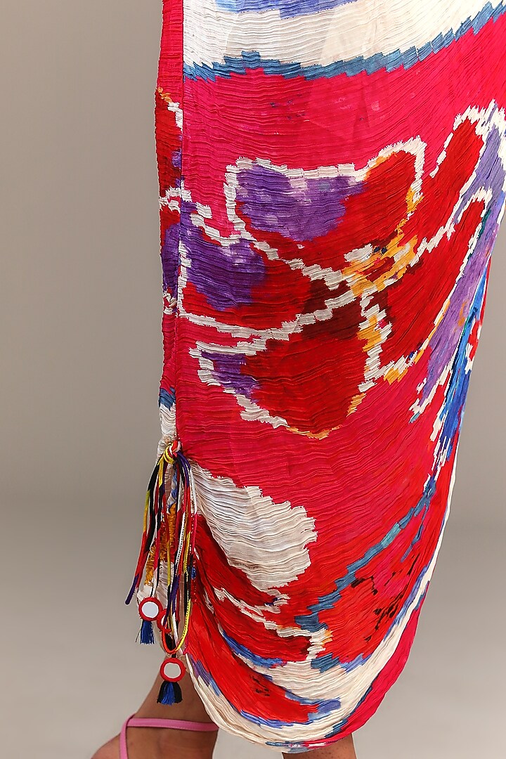 Red Cotton Silk Ikat Printed Hand Micro Pleated Skirt Set by Saaksha & Kinni at Pernia's Pop Up Shop