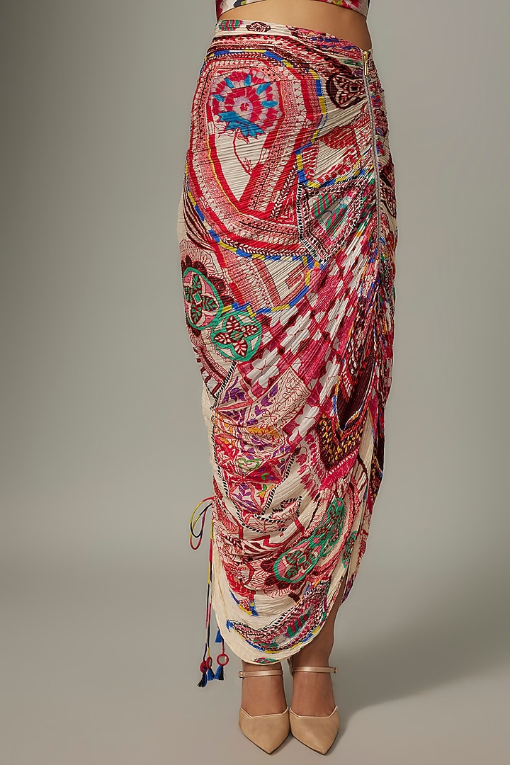 White Cotton Silk Paisley Printed Hand Micro Pleated Maxi Skirt by Saaksha & Kinni at Pernia's Pop Up Shop