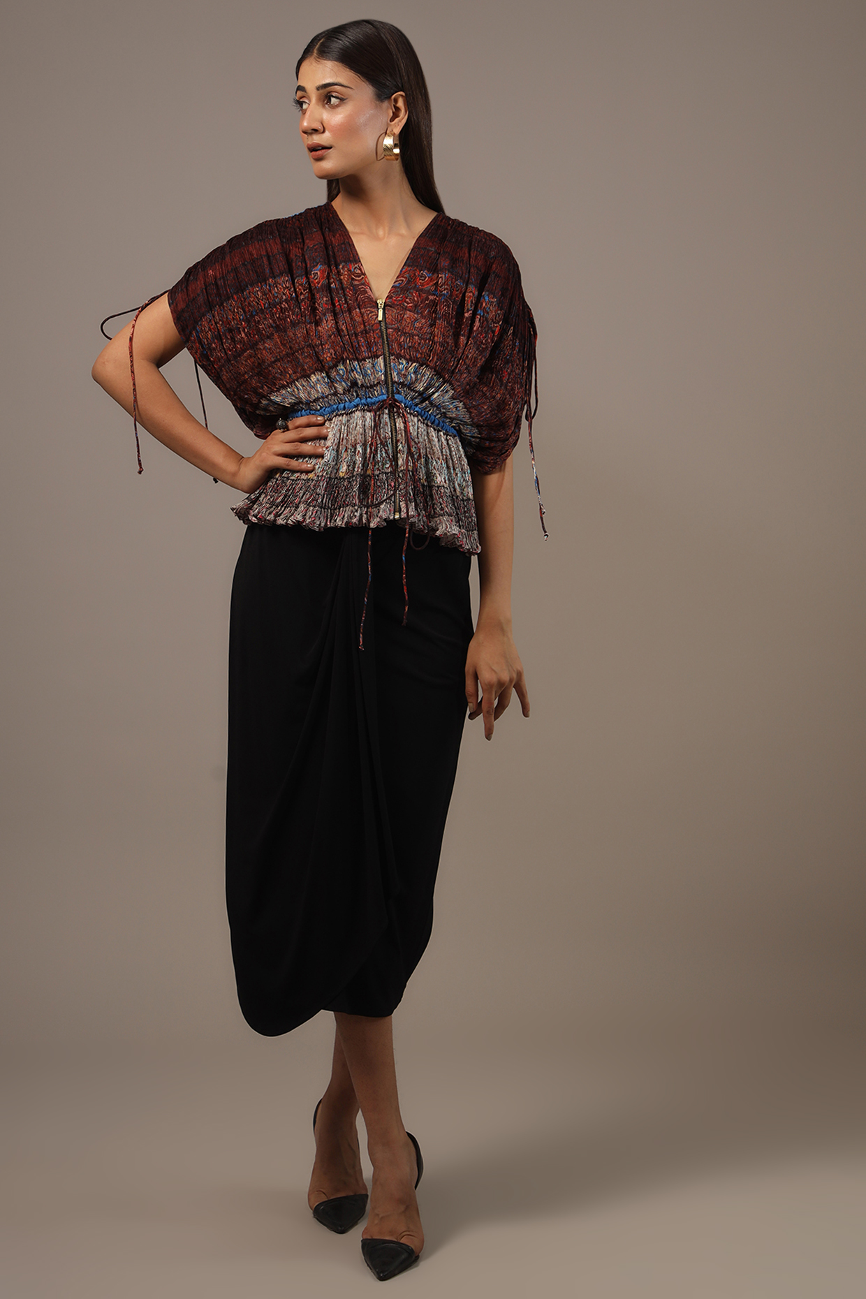 Multi-Colored Cotton Silk Block Printed Hand Micro Pleated Kaftan Blouse by Saaksha & Kinni at Pernia's Pop Up Shop
