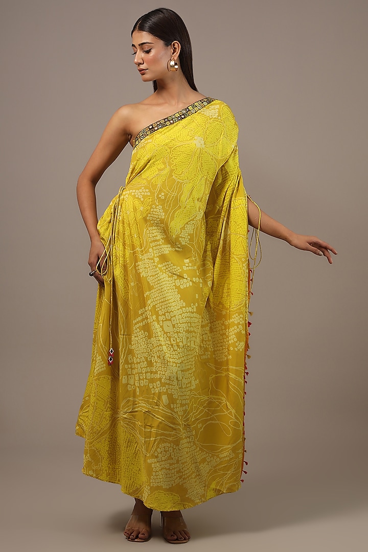 Yellow Silk Bandhani Printed Hand Embroidered Kaftan by Saaksha & Kinni at Pernia's Pop Up Shop