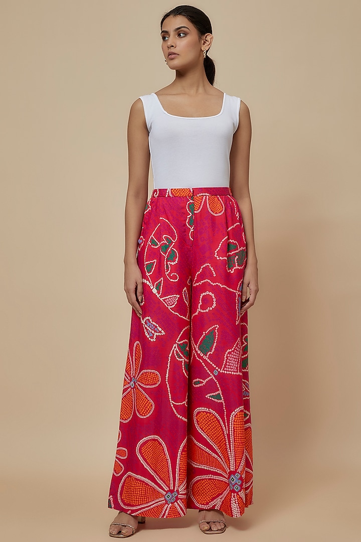 Pink & Orange Cambric Bandhani Printed Palazzo Pants by Saaksha & Kinni at Pernia's Pop Up Shop