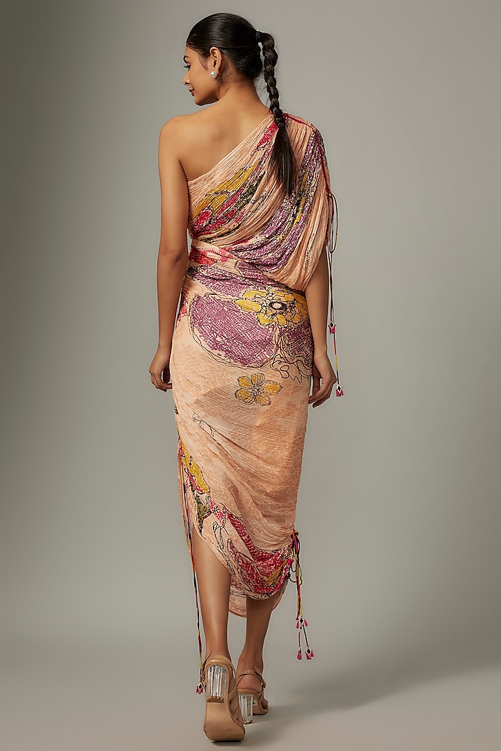 Peach Cotton Silk Printed Hand Micro Pleated Saree-Style Vacation Dress by Saaksha & Kinni at Pernia's Pop Up Shop