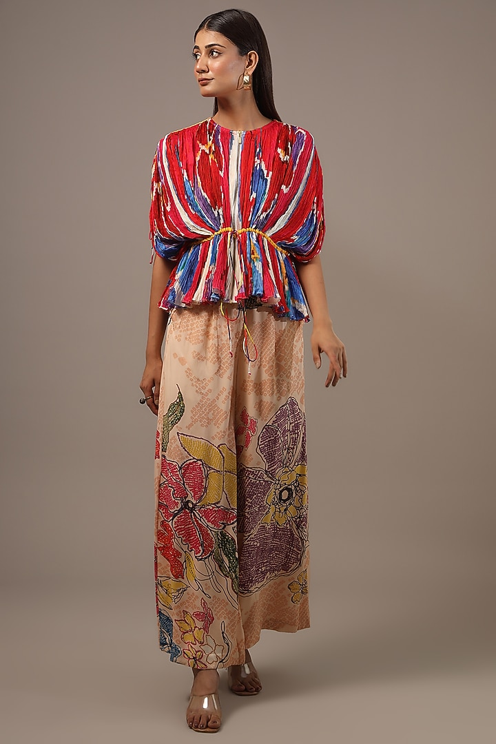 Red Cotton Silk Ikkat Printed Pleated Kaftan by Saaksha & Kinni at Pernia's Pop Up Shop