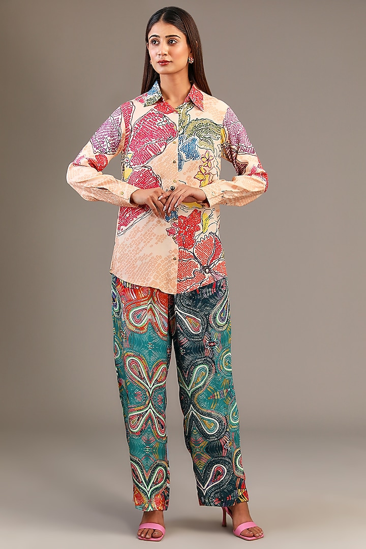 Multi-Colored Satin Abstract Printed Trousers by Saaksha & Kinni at Pernia's Pop Up Shop