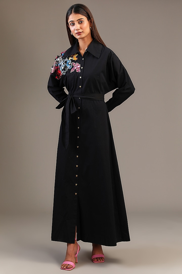 Black Cambric Hand Embroidered Maxi Shirt Dress by Saaksha & Kinni at Pernia's Pop Up Shop