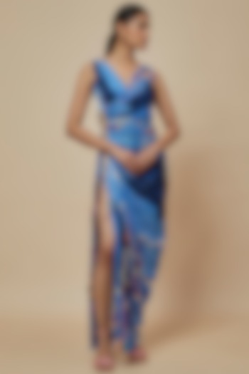 Blue Cotton Silk Ikat Printed Overlap Vacation Dress by Saaksha & Kinni at Pernia's Pop Up Shop