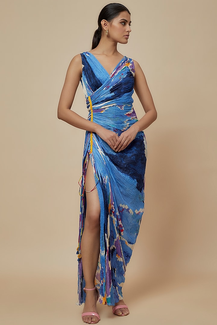 Blue Cotton Silk Ikat Printed Overlap Vacation Dress by Saaksha & Kinni at Pernia's Pop Up Shop
