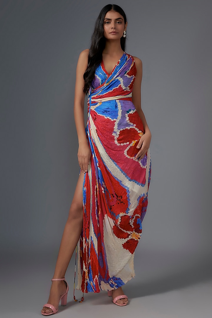 Red Cotton Silk Ikat Printed Dress by Saaksha & Kinni at Pernia's Pop Up Shop