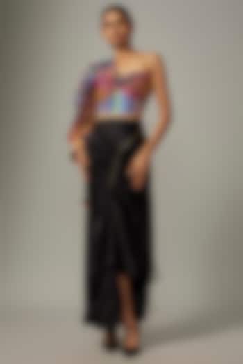 Black Silk Satin Asymmetric Gathered Skirt Set by Saaksha & Kinni at Pernia's Pop Up Shop