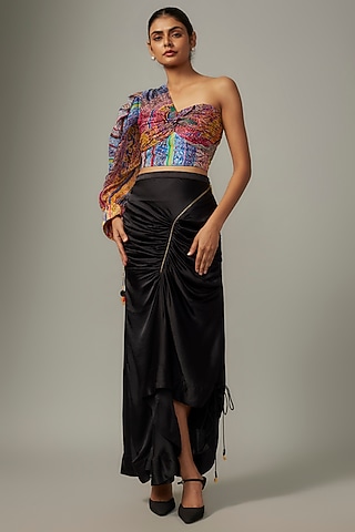 Black Silk Satin Asymmetric Gathered Skirt Set by Saaksha & Kinni