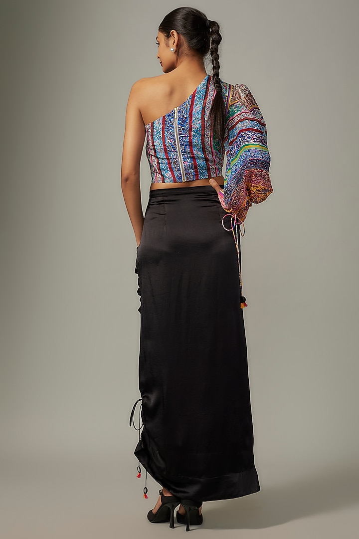 Black Silk Satin Asymmetric Gathered Skirt Set by Saaksha & Kinni at Pernia's Pop Up Shop