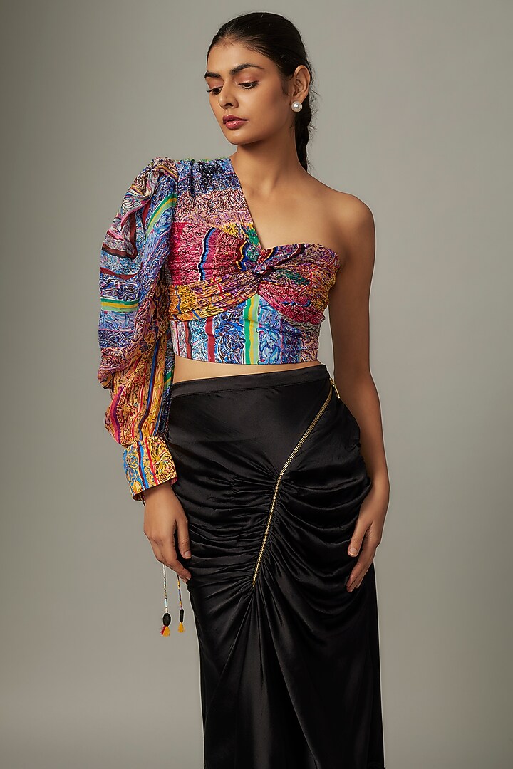 Black Silk Satin Asymmetric Gathered Skirt Set by Saaksha & Kinni at Pernia's Pop Up Shop