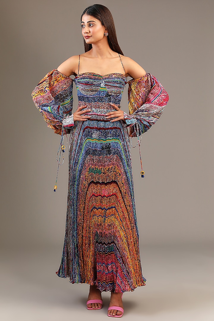 Multi-Colored Chiffon Block Printed Hand Micro Pleated Maxi Dress by Saaksha & Kinni at Pernia's Pop Up Shop