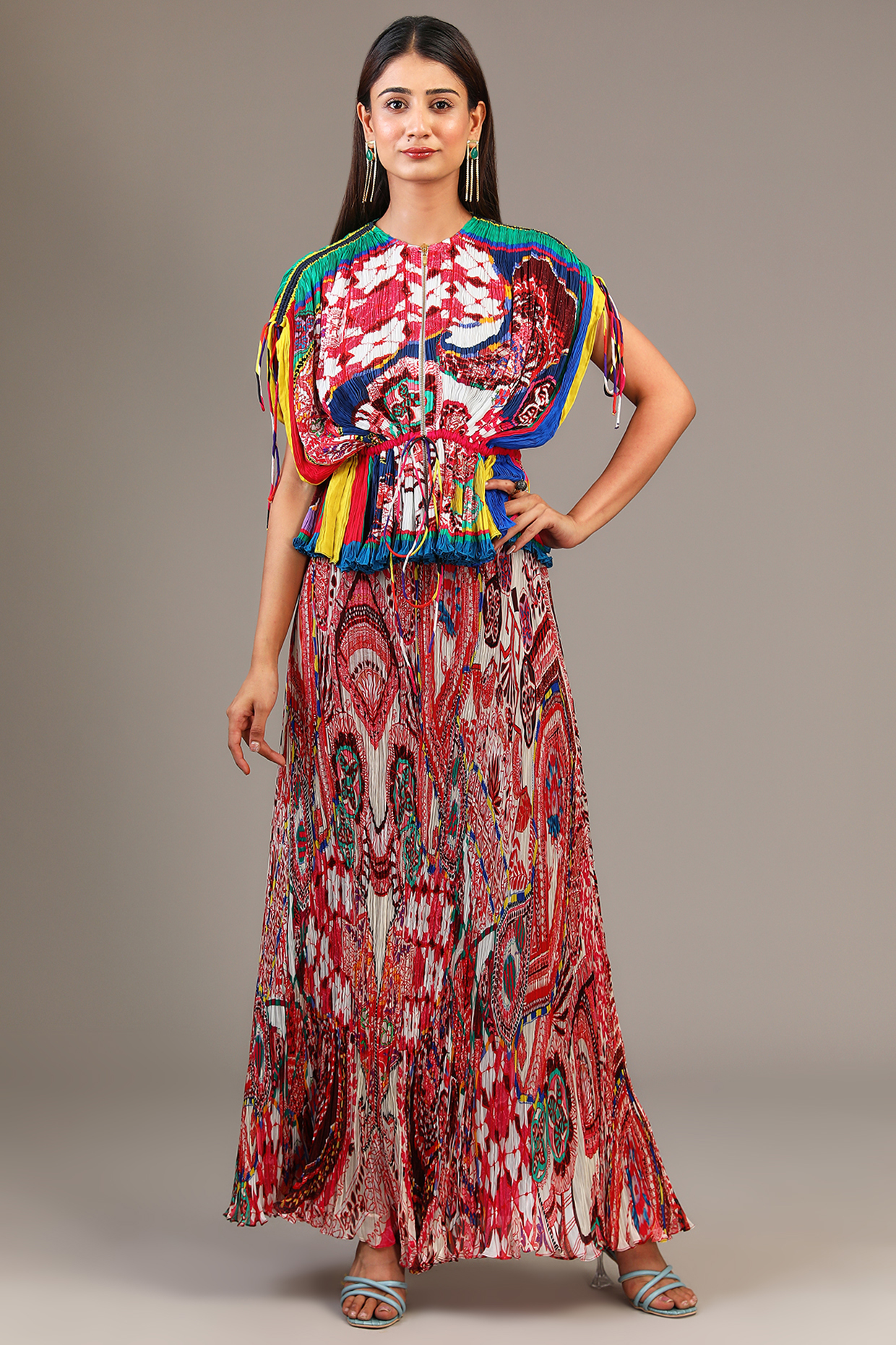 Multi-Colored Chiffon Printed Pleated Skirt Set by Saaksha & Kinni at Pernia's Pop Up Shop