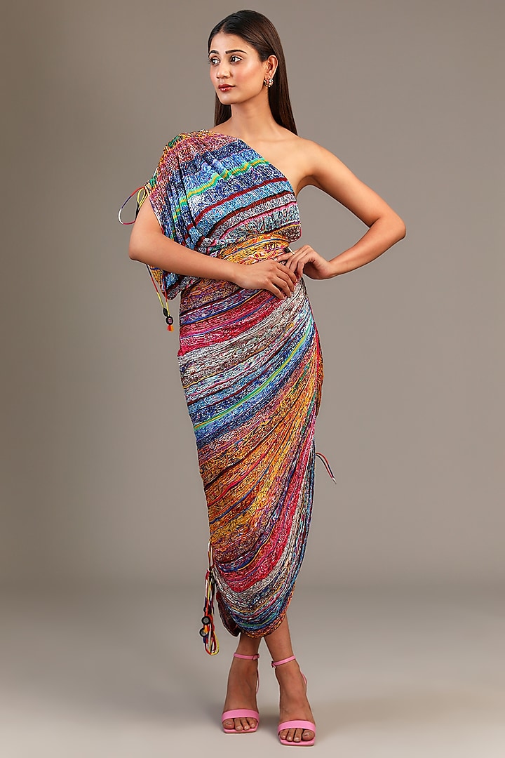 Multi-Colored Cotton Silk Block Printed One Shoulder Dress by Saaksha & Kinni at Pernia's Pop Up Shop