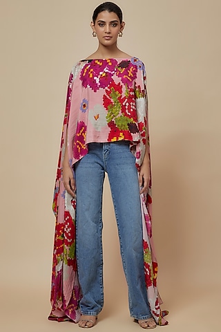 Peach Chiffon Floral Printed Cape by Saaksha & Kinni