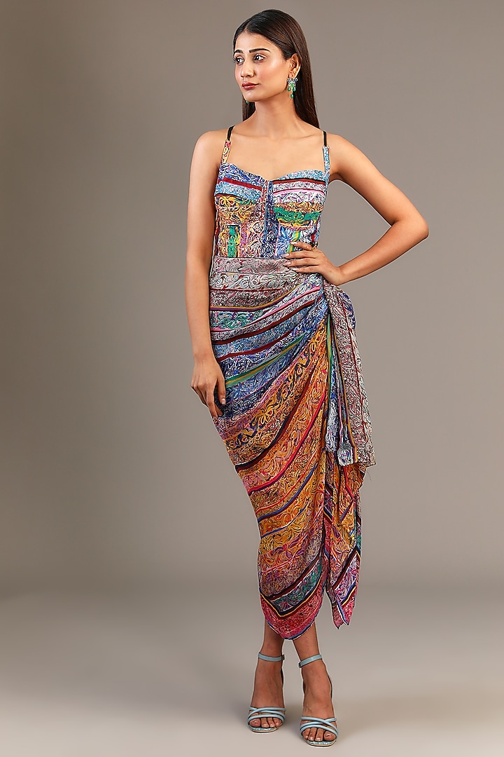 Multi-Colored Satin & Chiffon Block Printed Draped Midi Dress by Saaksha & Kinni at Pernia's Pop Up Shop