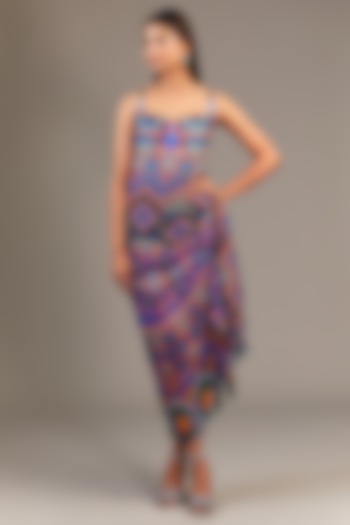 Multi-Colored Satin & Chiffon Ikat Printed Draped Midi Dress by Saaksha & Kinni at Pernia's Pop Up Shop