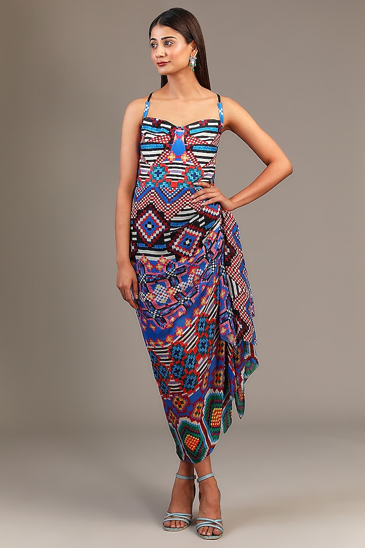 Multi-Colored Satin & Chiffon Ikat Printed Draped Midi Dress by Saaksha & Kinni at Pernia's Pop Up Shop