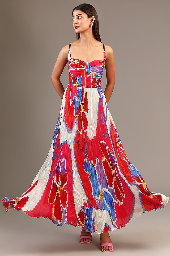 Red Chiffon Ikat Printed Micro Pleated Maxi Dress by Saaksha & Kinni at Pernia's Pop Up Shop