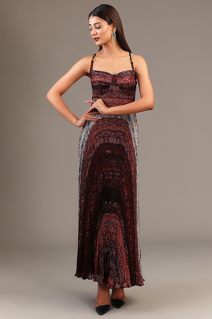 Multi-Colored Chiffon Block Printed Micro Pleated Maxi Dress by Saaksha & Kinni at Pernia's Pop Up Shop