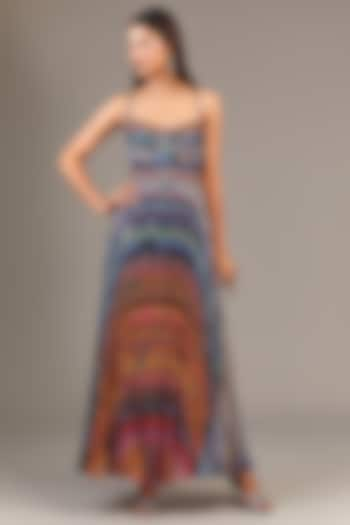 Multi-Colored Chiffon Block Printed Micro Pleated Maxi Dress by Saaksha & Kinni at Pernia's Pop Up Shop