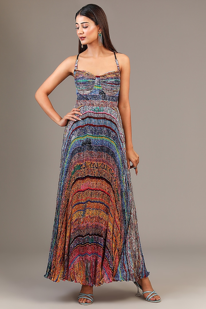 Multi-Colored Chiffon Block Printed Micro Pleated Maxi Dress by Saaksha & Kinni at Pernia's Pop Up Shop