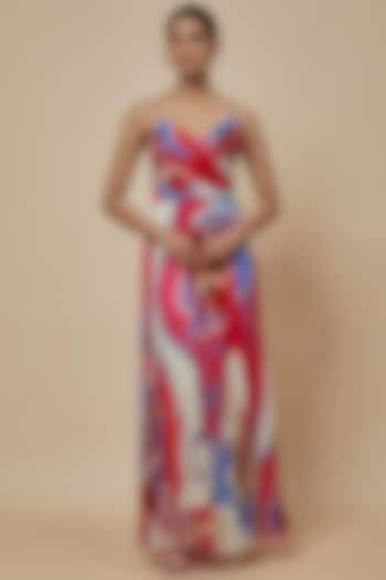 Red Chiffon Ikat Printed Maxi Dress by Saaksha & Kinni at Pernia's Pop Up Shop