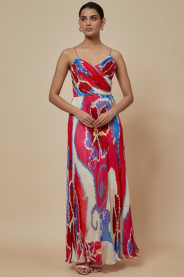 Red Chiffon Ikat Printed Maxi Dress by Saaksha & Kinni at Pernia's Pop Up Shop