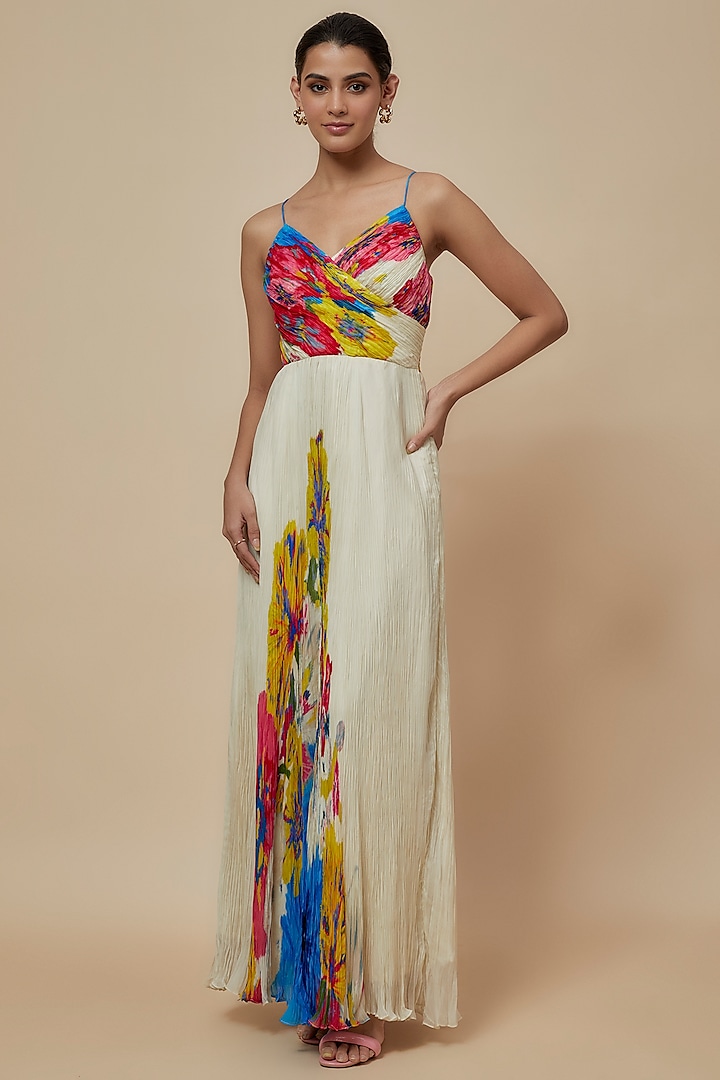 Yellow Chiffon Floral Printed Maxi Dress by Saaksha & Kinni at Pernia's Pop Up Shop