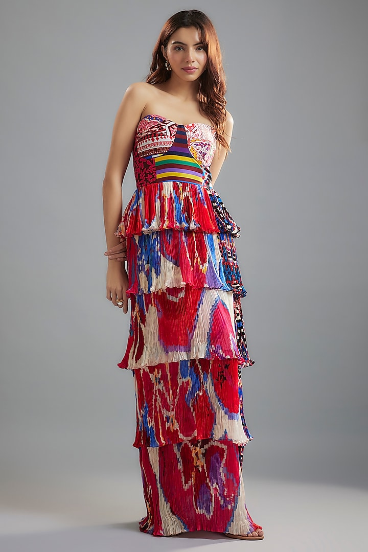 Red Silk & Chiffon Abstract Printed Tiered Maxi Dress by Saaksha & Kinni at Pernia's Pop Up Shop