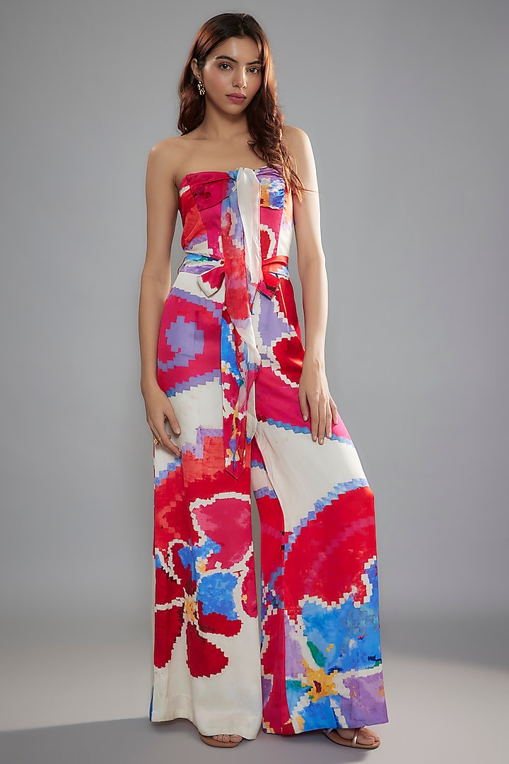 Red Satin & Chiffon Ikat Printed Halter Neck Jumpsuit With Belt by Saaksha & Kinni at Pernia's Pop Up Shop