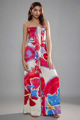 Red Satin & Chiffon Ikat Printed Halter Neck Jumpsuit With Belt by Saaksha & Kinni