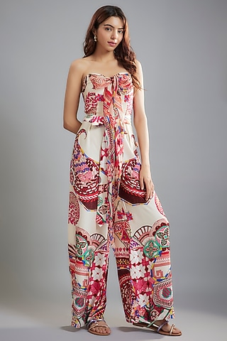Ivory Satin & Chiffon Ikat Printed Halter Neck Jumpsuit With Belt by Saaksha & Kinni