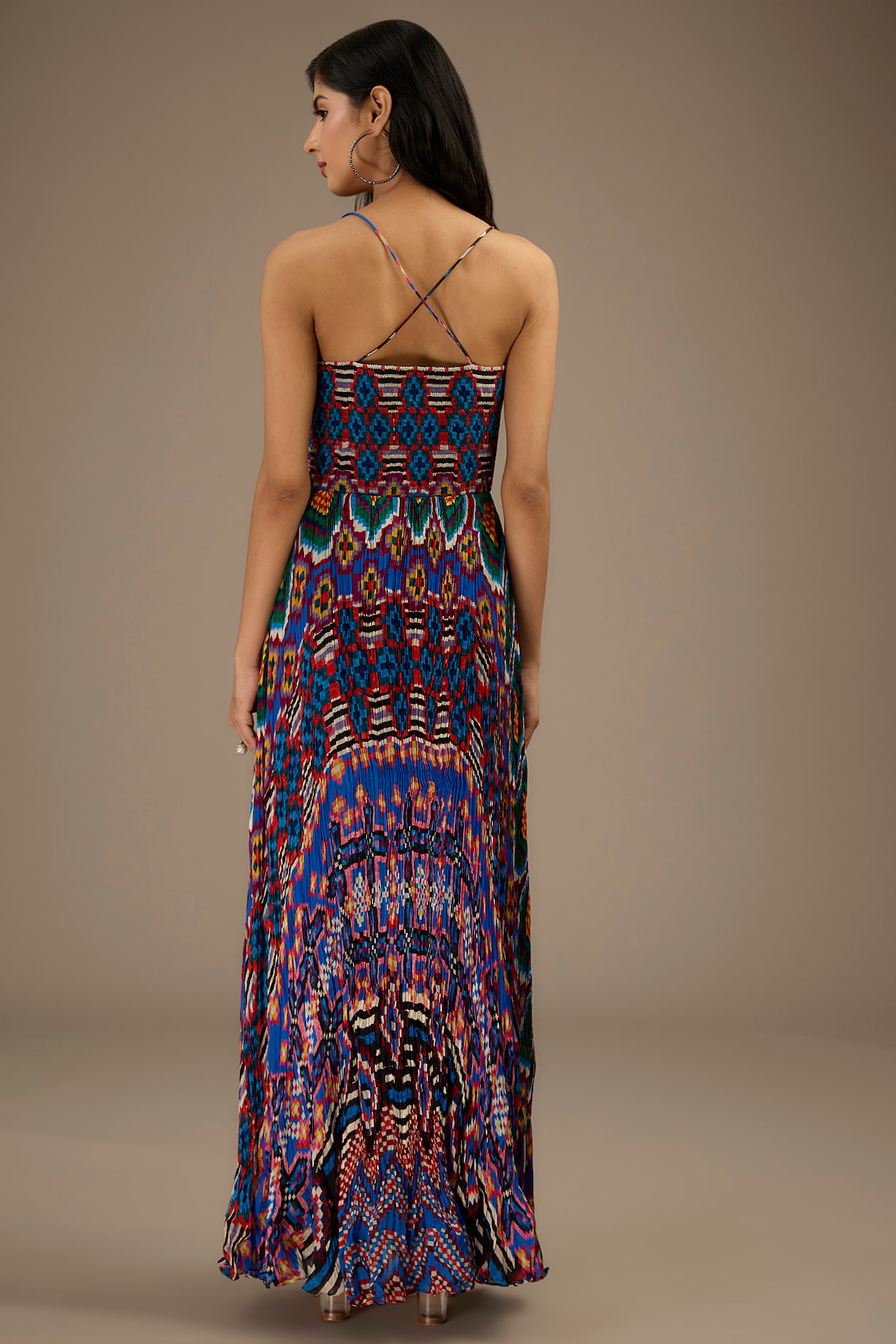 Multi Colored Chiffon Ikat Printed Pleated Maxi Dress By Saaksha And Kinni At Pernia S Pop Up Shop