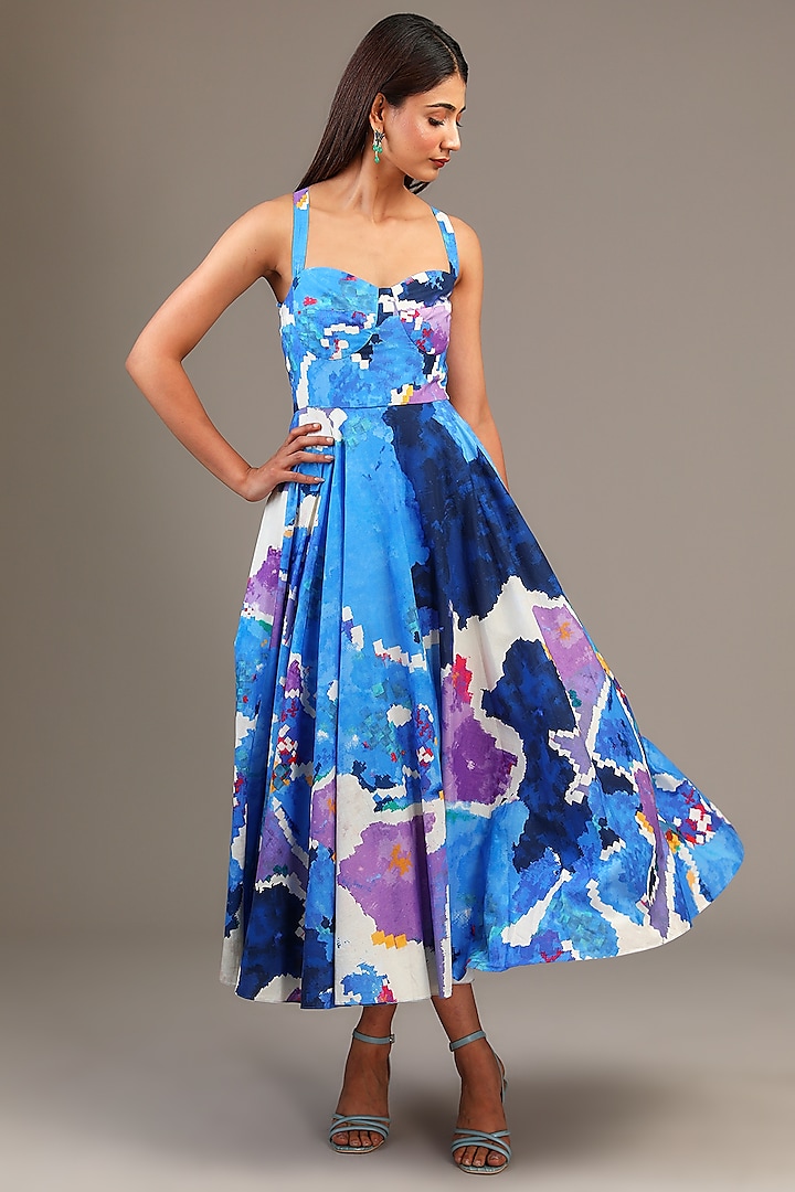 Blue Cambric Ikat Printed Flared Frock Dress by Saaksha & Kinni at Pernia's Pop Up Shop