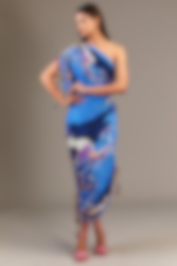Blue Cotton Silk Ikat Printed One Shoulder Vacation Dress by Saaksha & Kinni at Pernia's Pop Up Shop