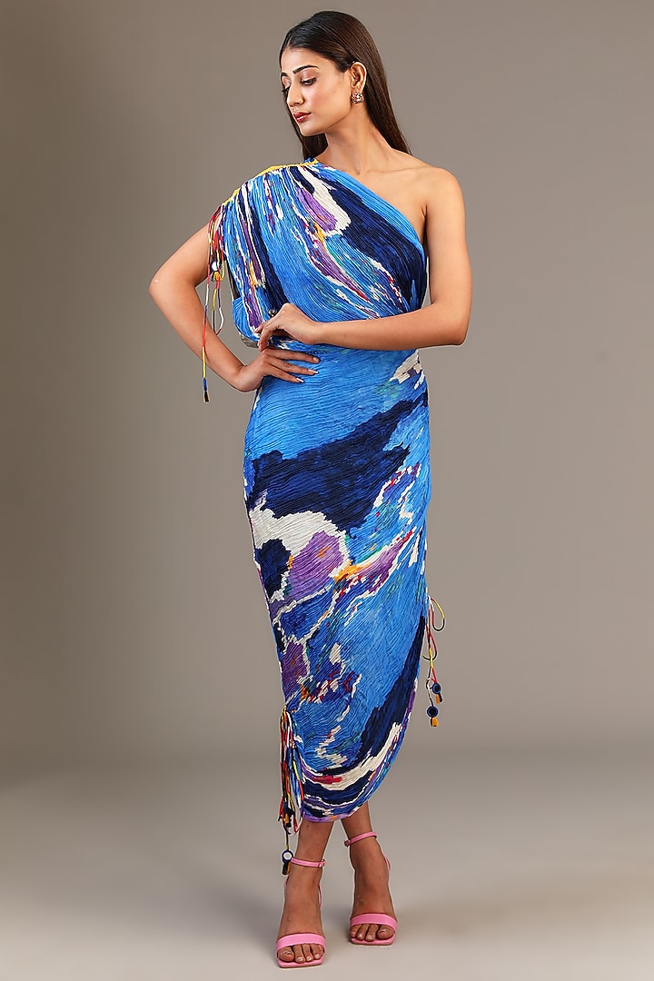 Blue Cotton Silk Ikat Printed One Shoulder Vacation Dress by Saaksha & Kinni at Pernia's Pop Up Shop