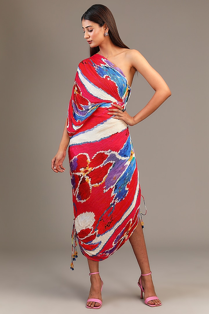 Red Cotton Silk Ikat Printed One Shoulder Dress by Saaksha & Kinni at Pernia's Pop Up Shop