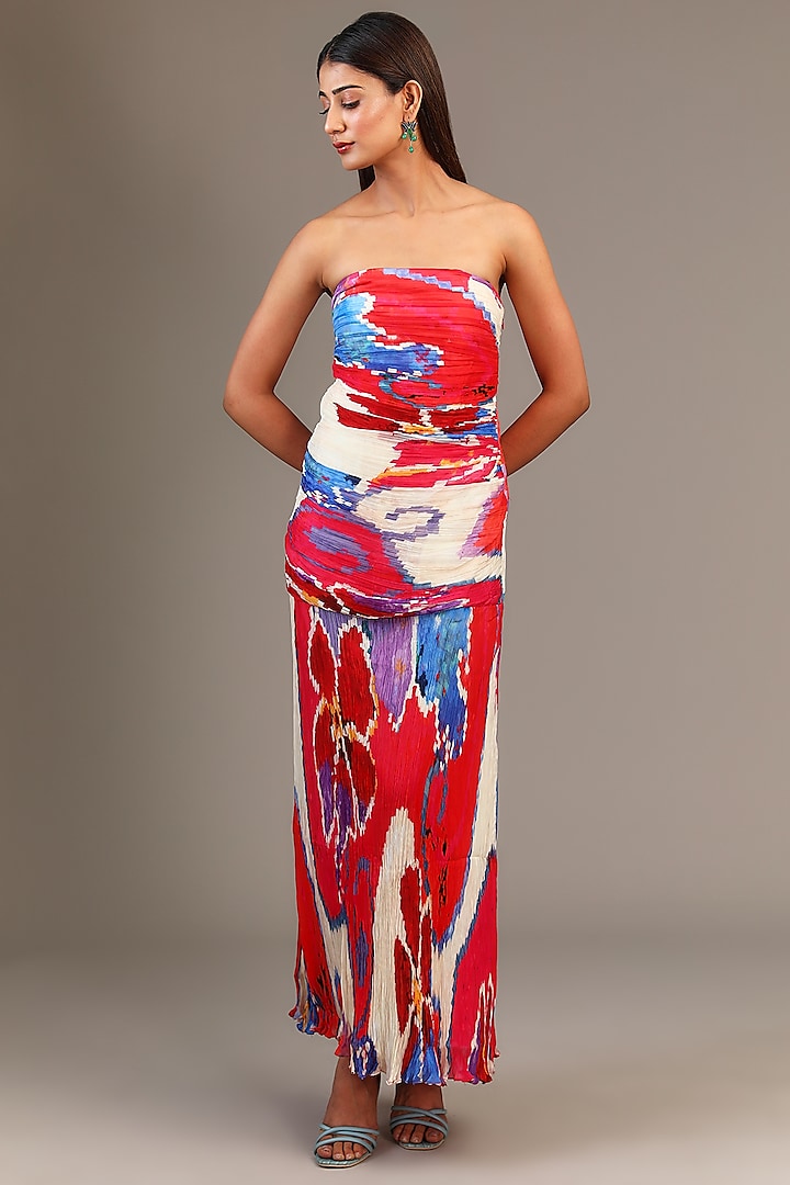 Red Chiffon & Habutai Ikat Printed Pleated Gown by Saaksha & Kinni at Pernia's Pop Up Shop