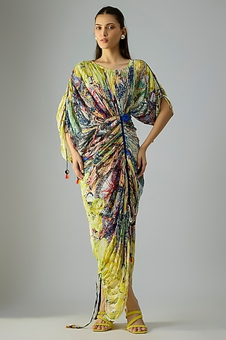 Yellow Cotton Silk Abstract Floral Printed Dress by Saaksha & Kinni