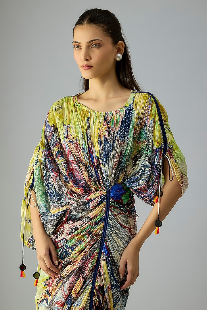 Yellow Cotton Silk Abstract Floral Printed Vacation Dress by Saaksha & Kinni at Pernia's Pop Up Shop