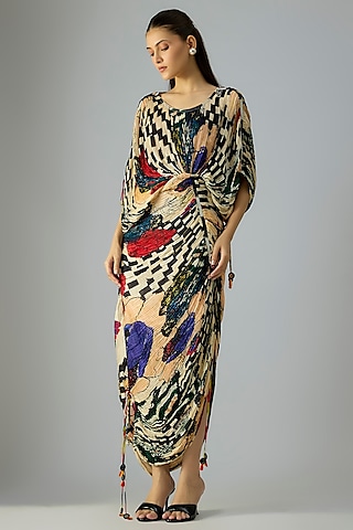Multi-Colored Cotton Silk Abstract Floral Printed Dress by Saaksha & Kinni