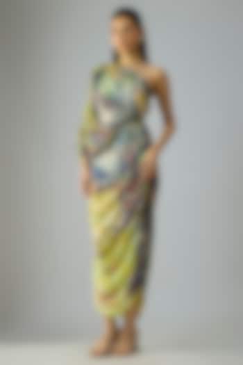 Yellow Cotton Silk Printed One-Shoulder Vacation Dress by Saaksha & Kinni at Pernia's Pop Up Shop