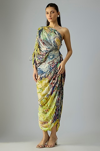 Yellow Cotton Silk Printed One-Shoulder Dress by Saaksha & Kinni