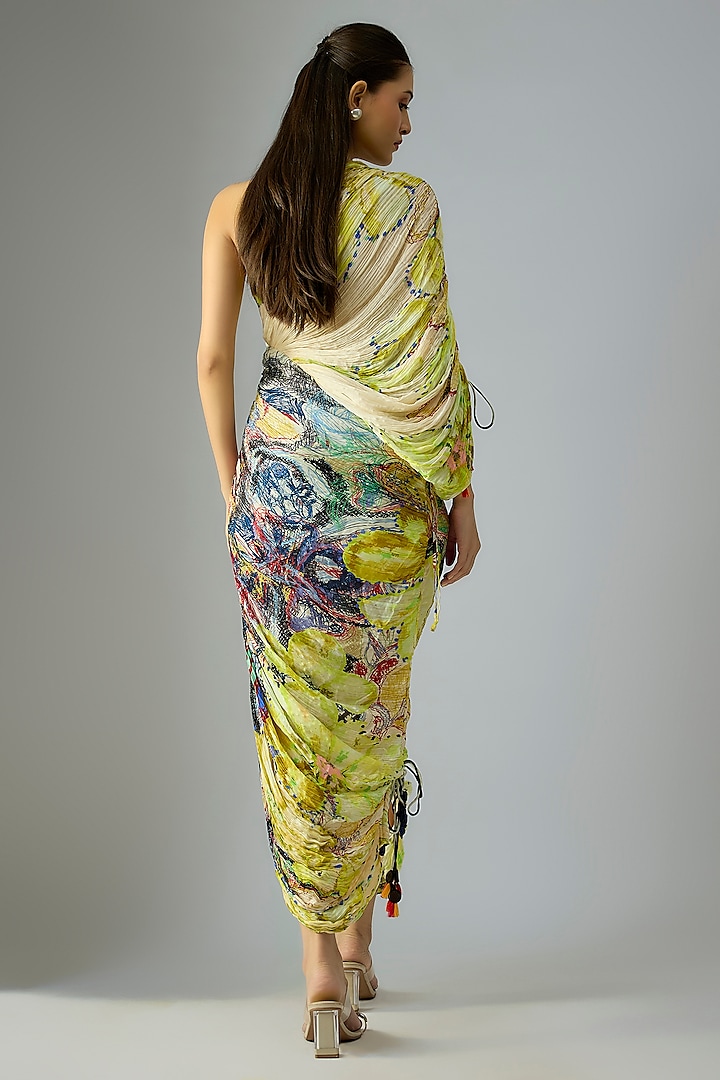 Yellow Cotton Silk Printed One-Shoulder Vacation Dress by Saaksha & Kinni at Pernia's Pop Up Shop