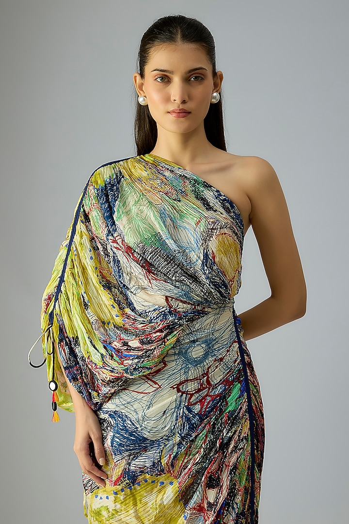 Yellow Cotton Silk Printed One-Shoulder Vacation Dress by Saaksha & Kinni at Pernia's Pop Up Shop