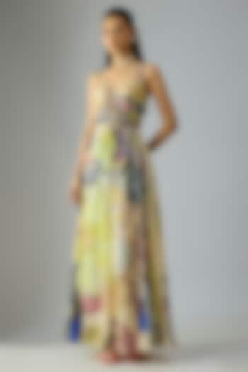 Yellow Chiffon Floral Printed Maxi Cocktail Dress by Saaksha & Kinni at Pernia's Pop Up Shop