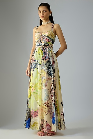 Yellow Chiffon Floral Printed Maxi Dress by Saaksha & Kinni