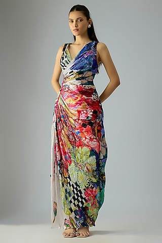 Multi-Colored Poly Florence Chiffon Abstract Floral Printed Dress by Saaksha & Kinni
